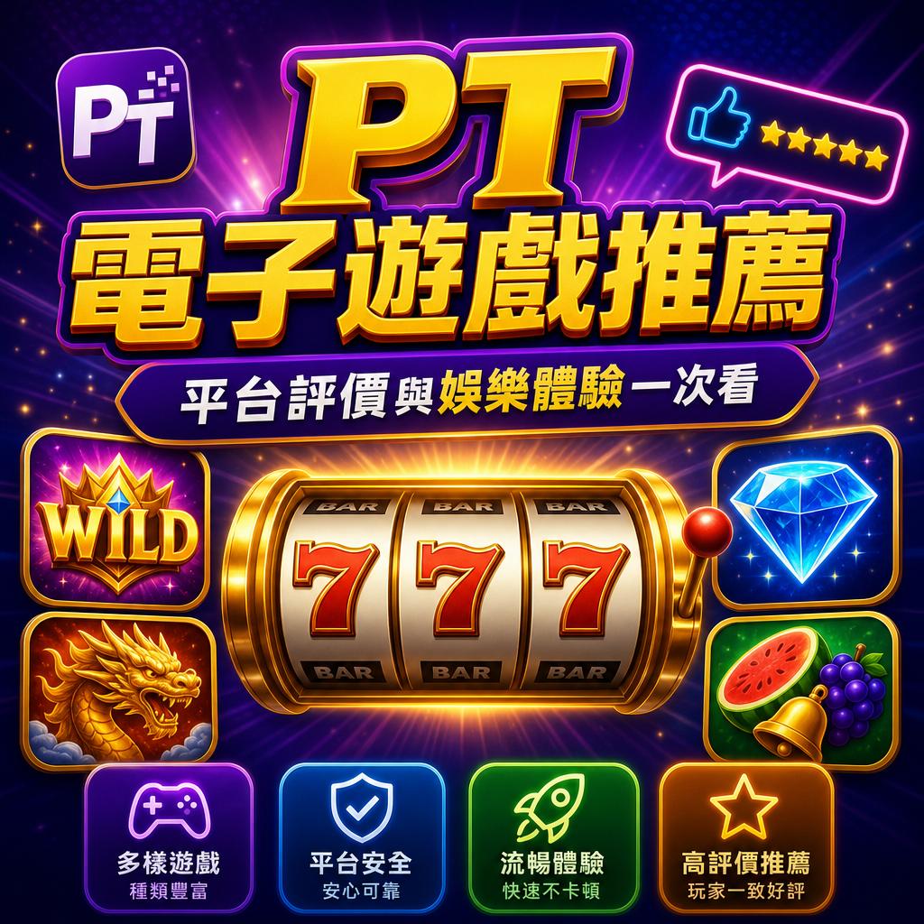 Promotion for PT electronic gaming/slot games with bright golden text and a spinning 777 slot image, colorful icons around it.