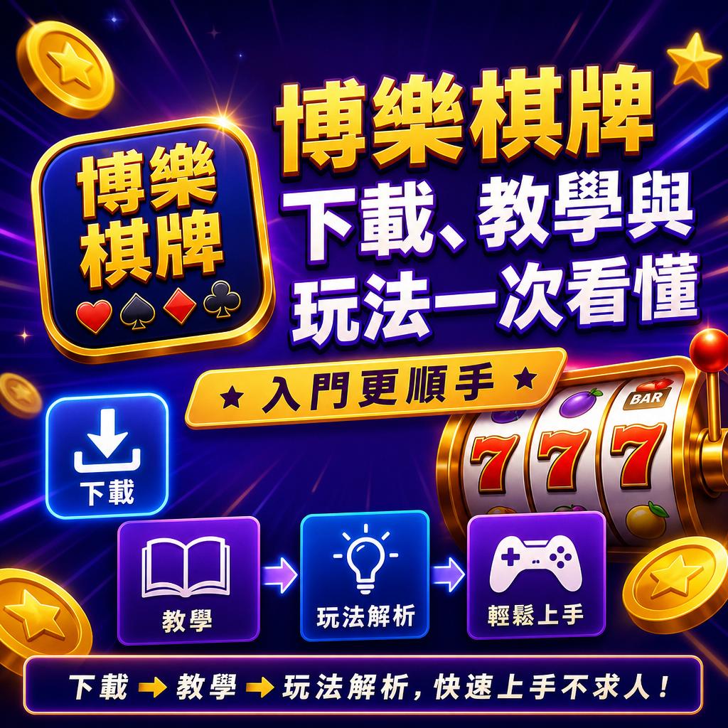 閃亮的博彩棋牌廣告海報，宣傳下載與教學流程，畫面含金幣、轉輪與多塊流程圖說明。