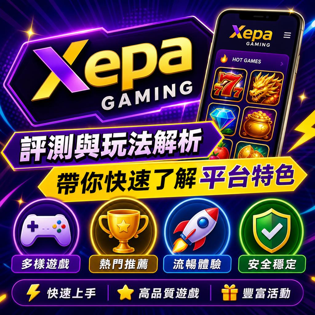 Neon Xepa Gaming promo with Chinese text, a smartphone showing game icons, and four feature icons: gamepad, trophy, rocket, shield.