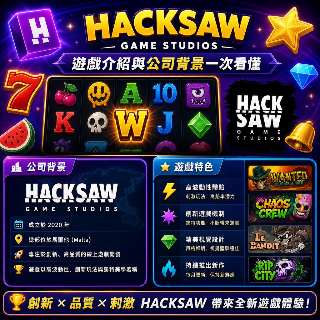 Promotional collage for Hacksaw Game Studios with glowing logo, colorful slot grid, and Chinese text on a neon purple background.