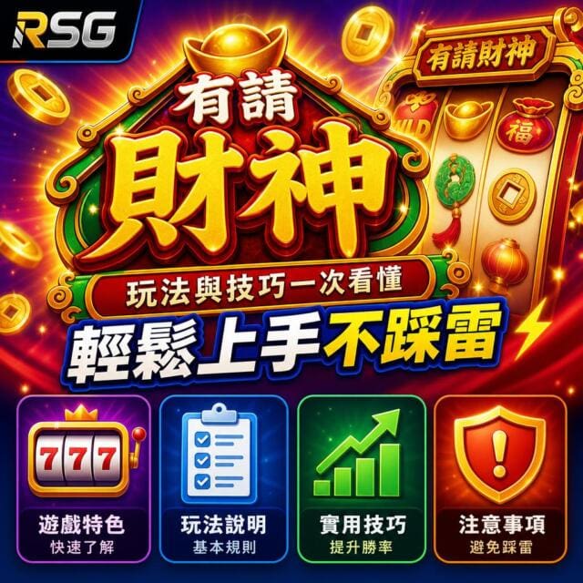 Vibrant game promo with large Chinese characters and gold coins; four bottom tiles show 777 slot, rules checklist, growth chart, and shield warning.