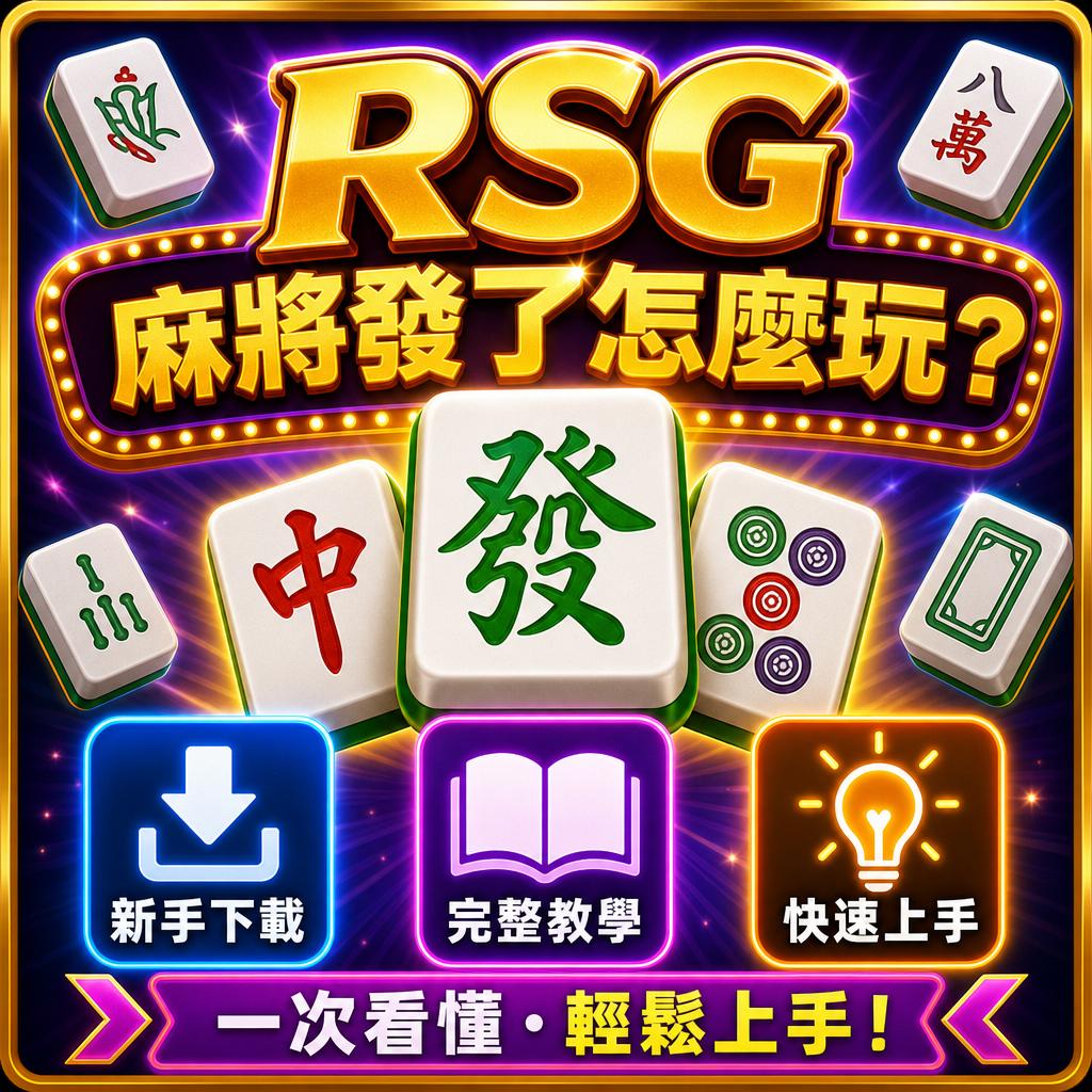 Promotional game artwork for an RSG mahjong-style app featuring large gold “RSG” letters, glowing tiles, and three feature icons (download, complete tutorial, quick start) with bold Chinese text.