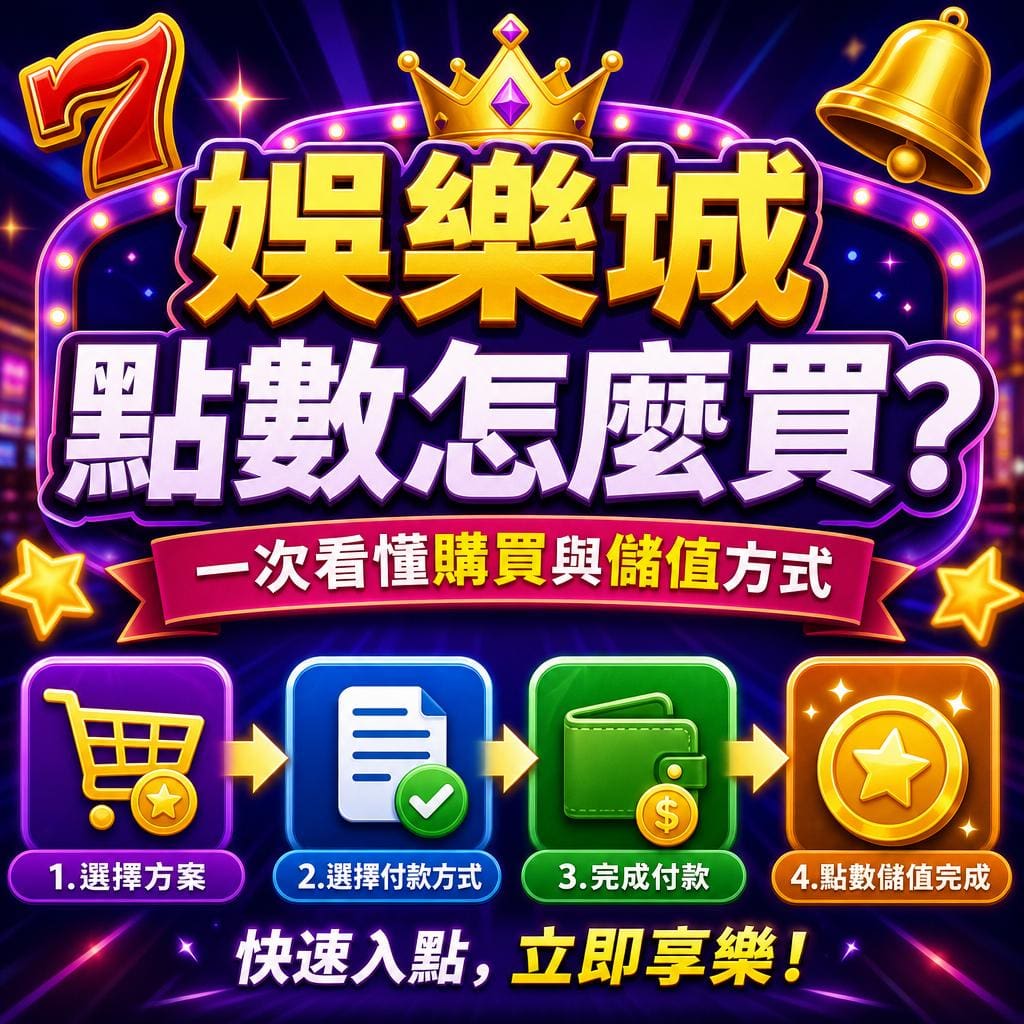 娛樂城促銷海報：四步完成購買與儲值流程，包含選擇方案、選擇付款、完成付款與點數儲值完成等圖示。