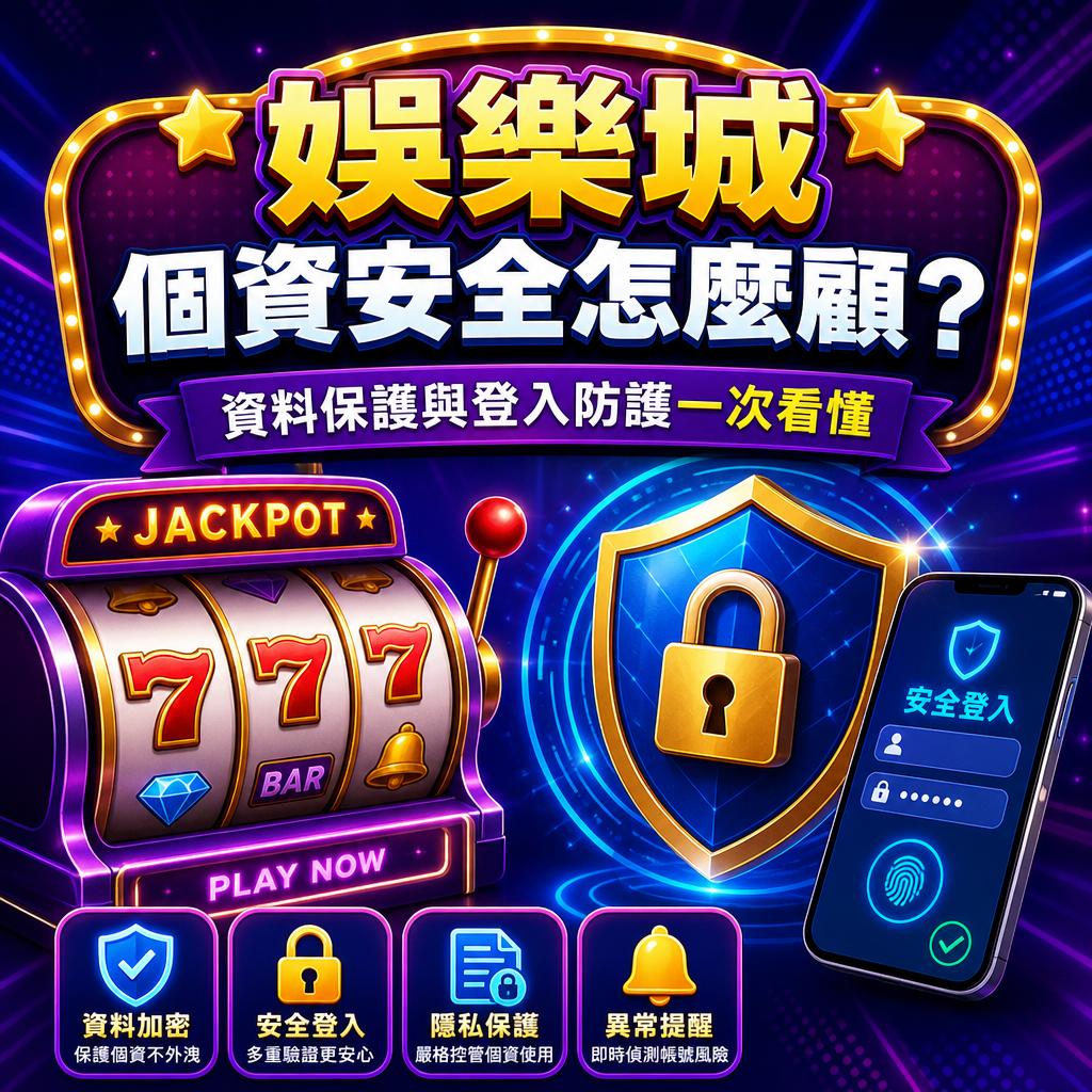 Bright neon casino-themed image with a slot machine, shield with a lock, and a smartphone showing a secure login; Chinese text about data safety.