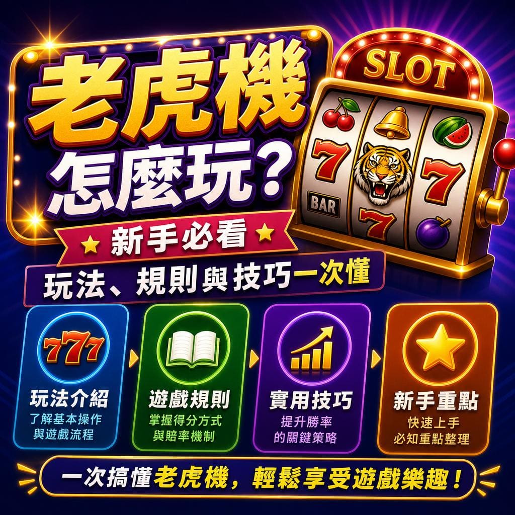 Bright casino-style banner promoting how to play slot machines for beginners, with a gold-framed slot reel and four colorful info cards.