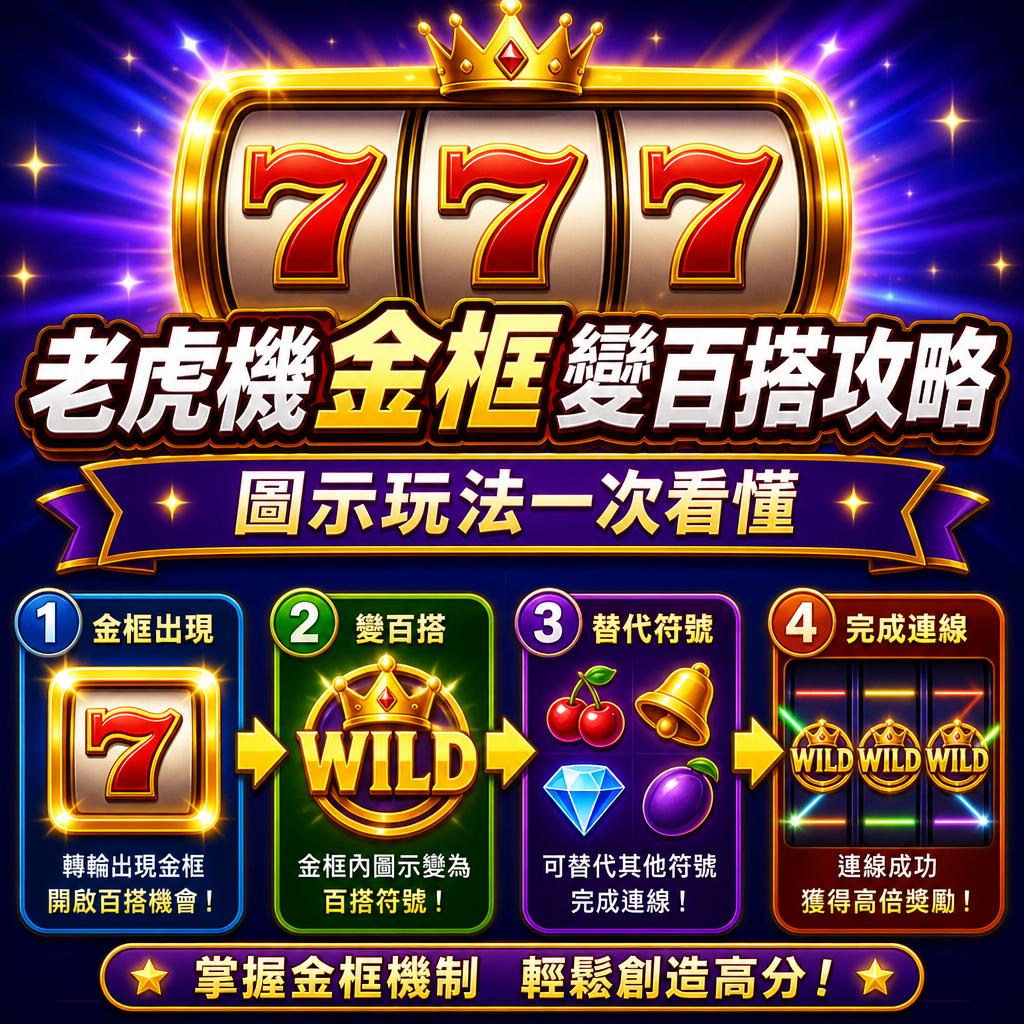Vibrant slot-machine banner with triple 7s, a gold crown, and bold Chinese promotional text; bottom row shows four step icons with a 7 reel, WILD symbol, fruit and diamond imagery, and linked reels.