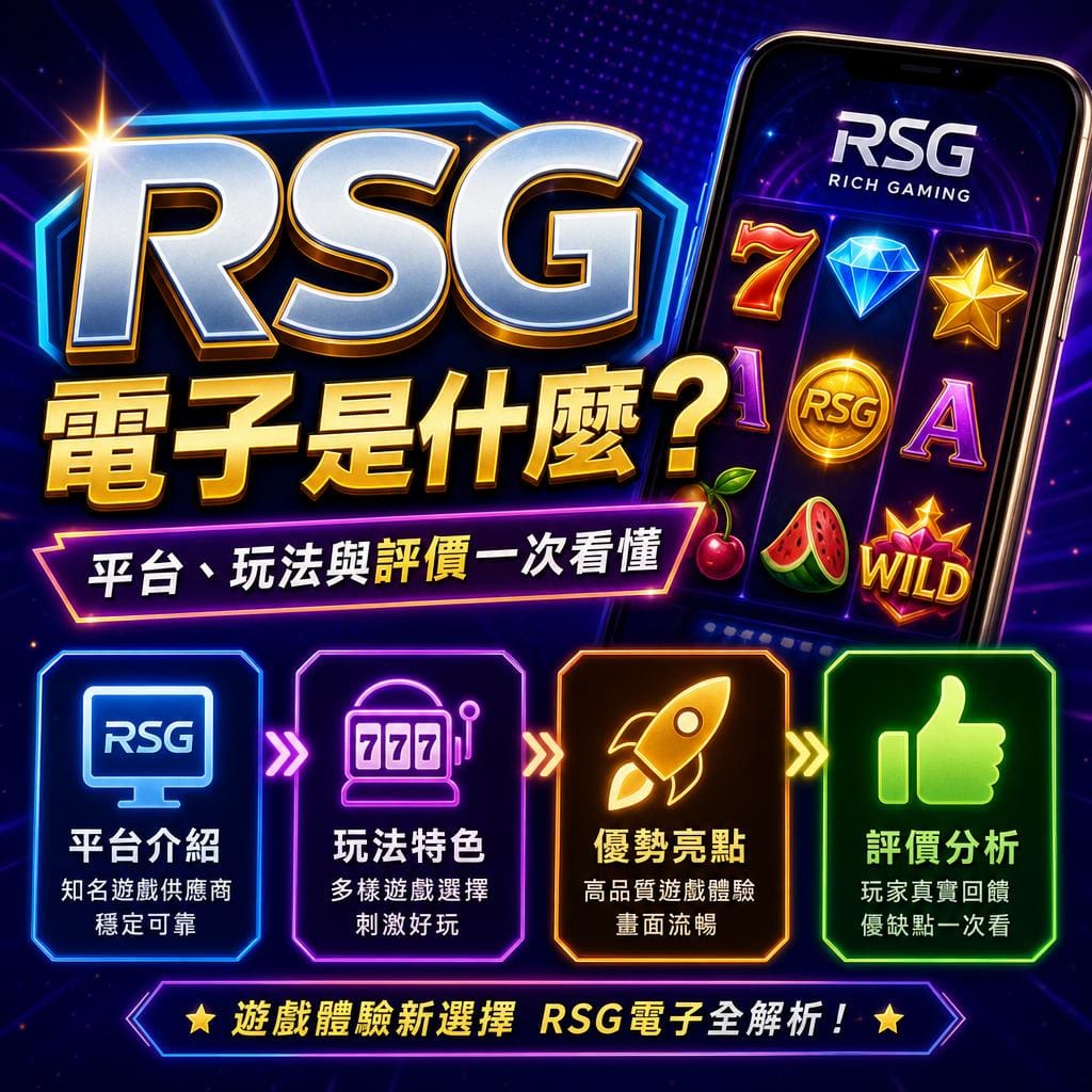 Bright neon RSG Rich Gaming poster with a Chinese headline and a tilted phone showing slot-icons.
