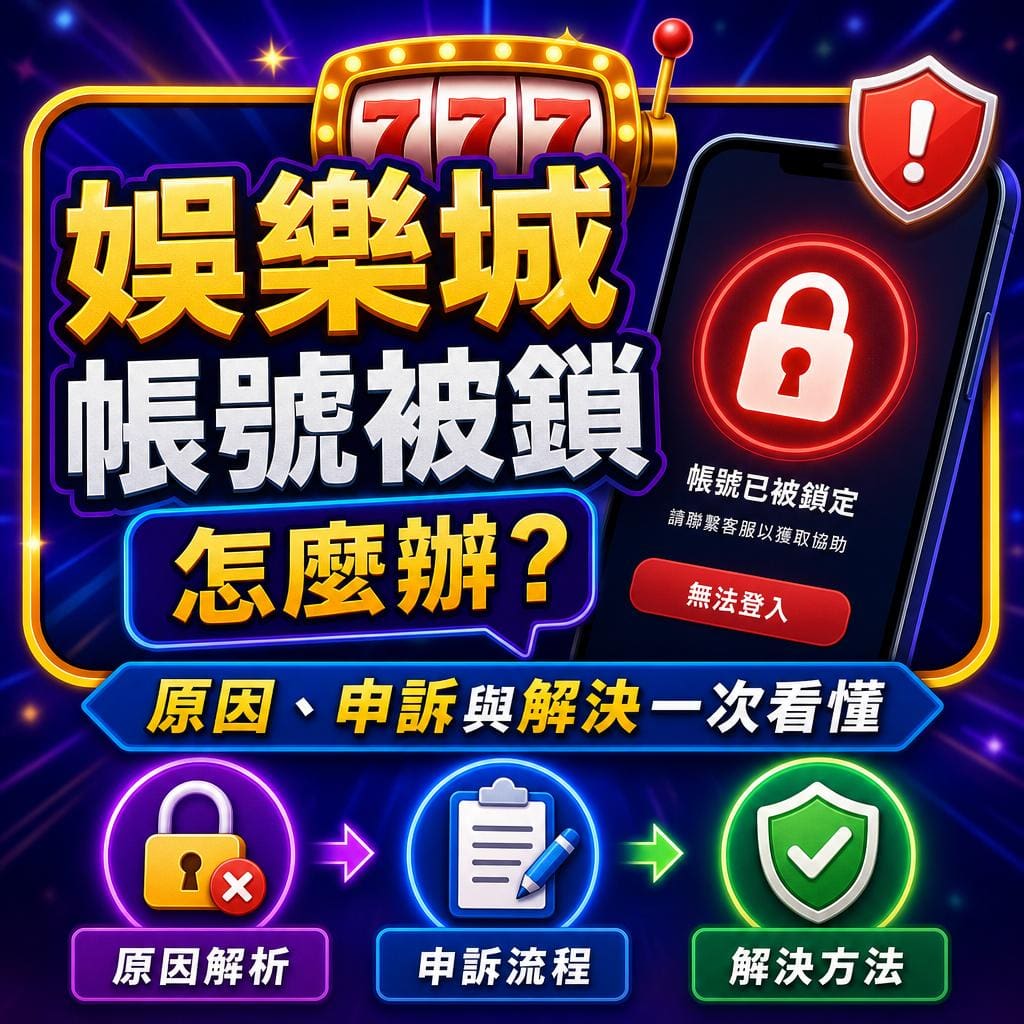 彩色广告图，提示娱乐平台账号被锁，显示无法登入的手机界面，强调原因解析、申诉流程与解决方法的步骤。