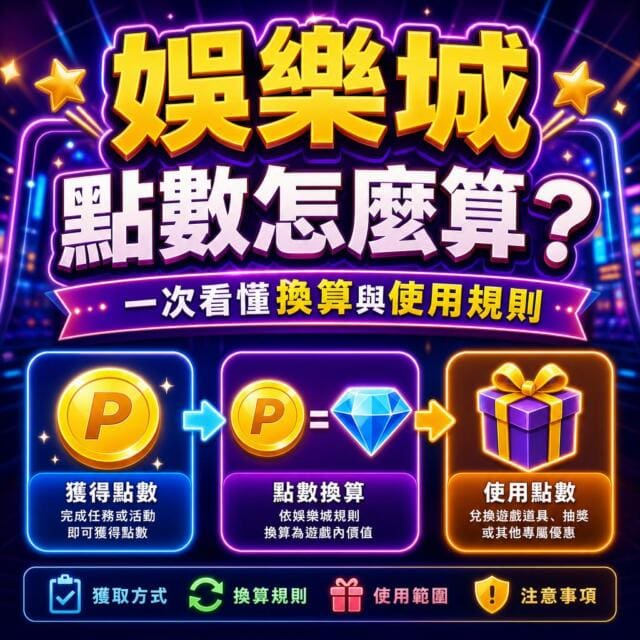 中文海報式說明：娛樂城點數取得、換算與使用規則，示意從點數到鑽石再到禮物的流程。