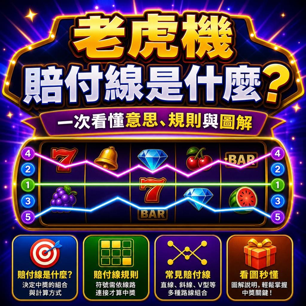 Educational slot machine infographic showing payout lines with colored paths across reels and symbols like 7, bell, gem, and fruit.
