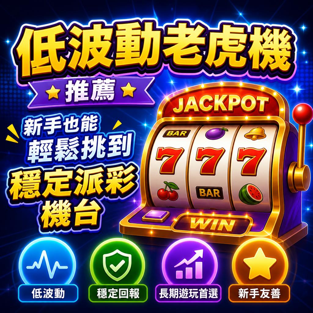 Bright promotional graphic featuring a gold-framed slot machine with three 7s and fruit symbols, and Chinese text about low-volatility slots and beginner-friendly play.