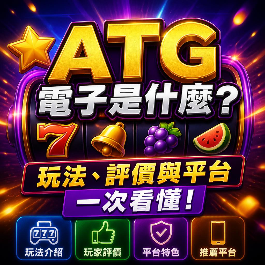 Vibrant casino slot banner reading 'ATG 電子是什麼？' with 7, bell, grapes, and watermelon symbols; four bottom buttons labeled 玩法介紹, 玩家評價, 平台特色, 推薦平台.