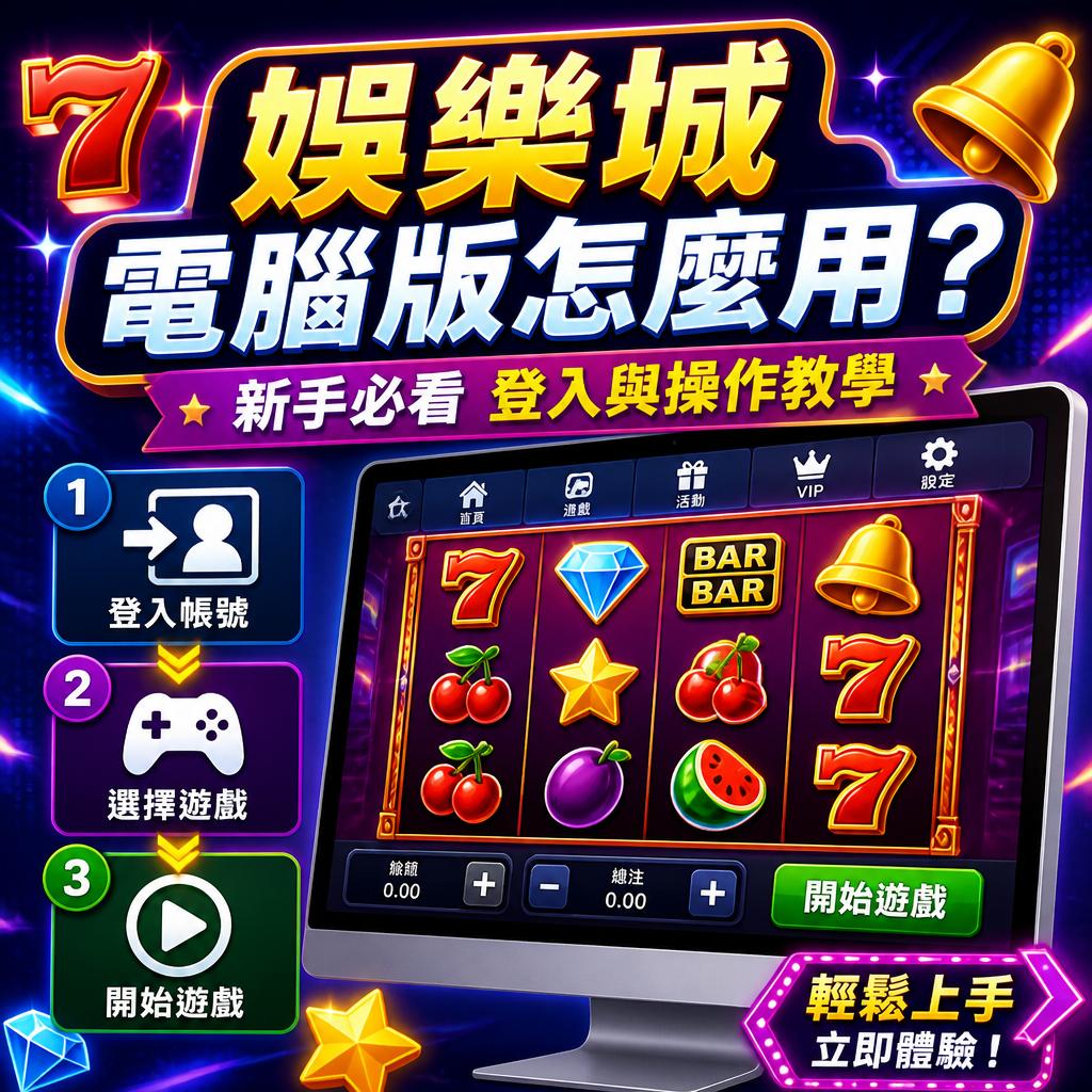色彩繽紛的線上娛樂廣告，顯示電腦螢幕上的水果與賭場符號的老虎机畫面，左側有登入、選擇遊戲、開始遊戲三步指示。