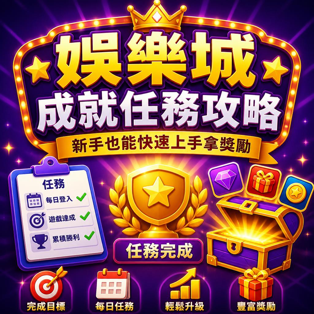 游戏促销横幅：金色皇冠、大字标题与任务攻略字样，背景有宝箱、奖杯和星徽，强调奖励与新手上手。