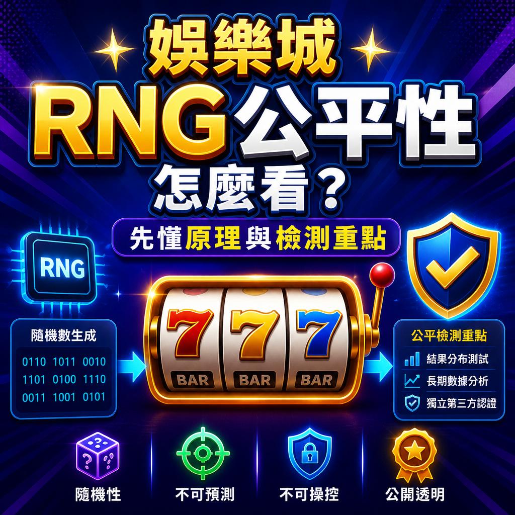 宣傳RNG公平性的資訊圖，中央是金色轉動的刮刮機，周圍有中文文字說明檢測重點。要點包含原理與檢測。