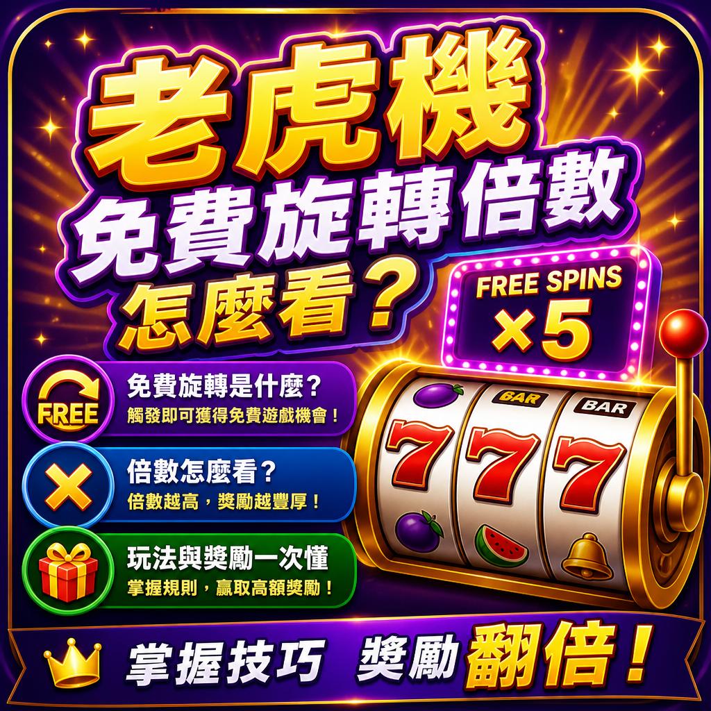 Bright casino promo poster featuring a slot machine, bold Chinese title, and a purple-yellow design advertising FREE SPINS x5.